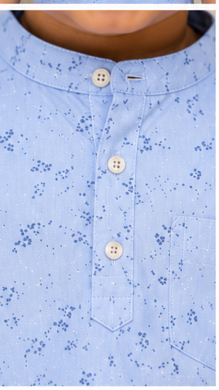 Boys Sky Blue Micro Print Cotton Short Kurta Shirt – Elegant Casual Kidswear