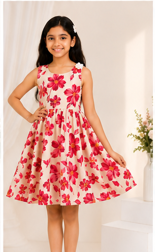 Girls Floral Fit & Flare Dress – Cream Base with Vibrant Pink Blossoms
