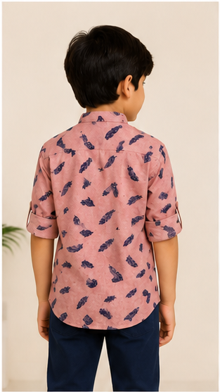 Boys Peach Feather Print Mandarin Collar Shirt (Full Sleeve)