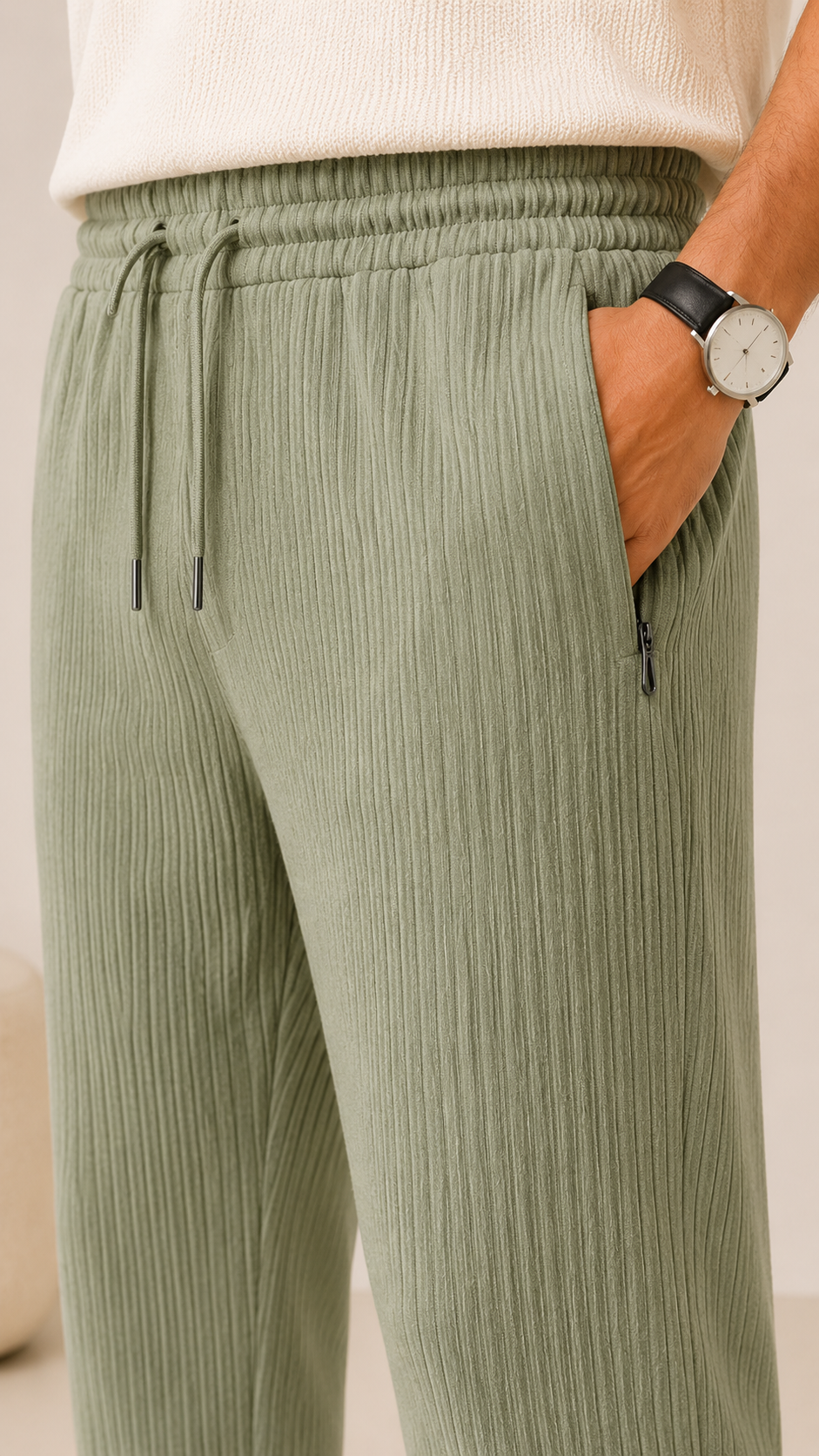 Pistachio Green Ribbed Track Pants for Men | Premium Relaxed Fit Textured Joggers with Zip Pockets
