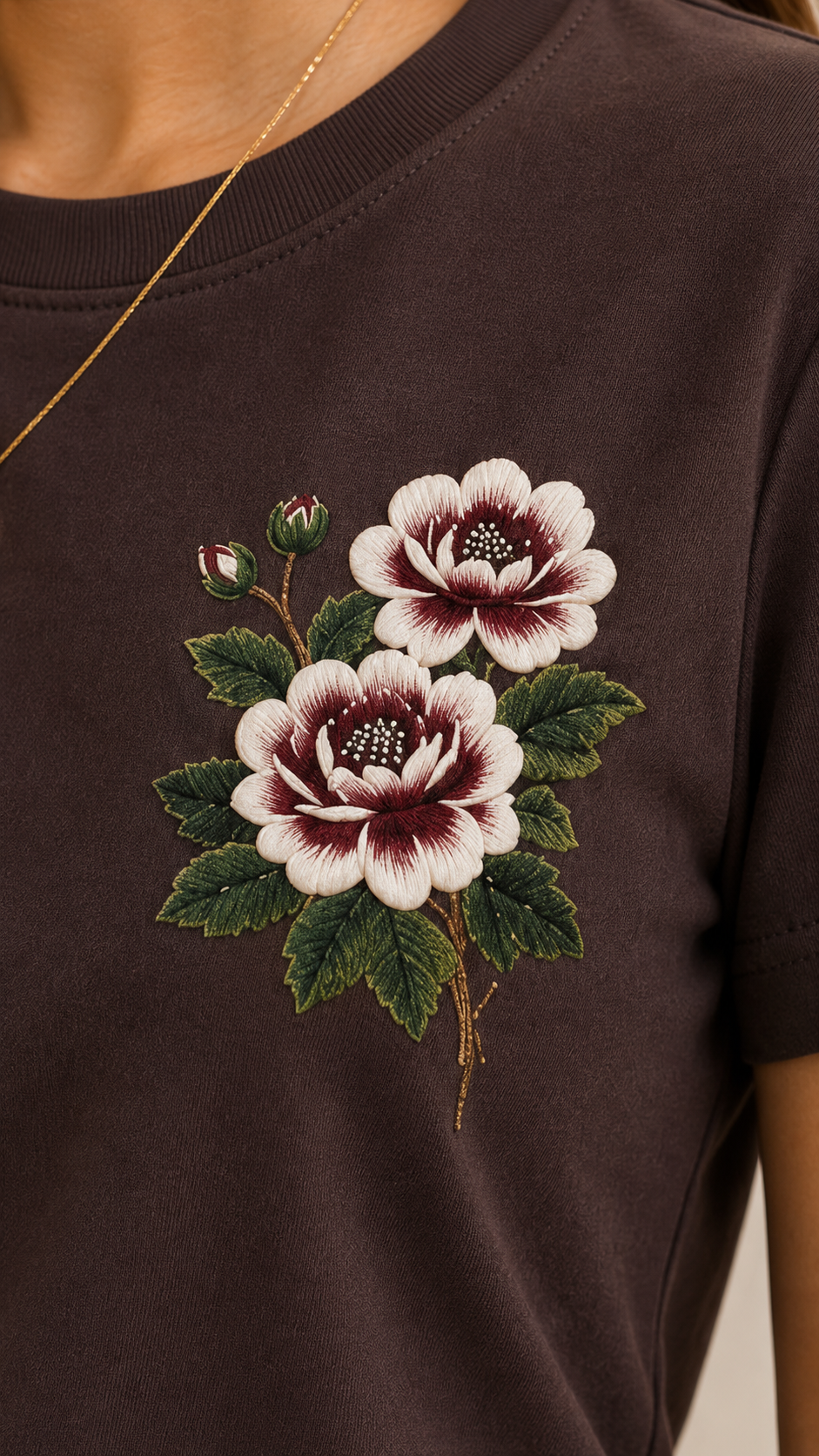 Women’s Coffee Brown Floral Embroidered Co-Ord Set – Casual T-Shirt & Shorts Lounge Wear