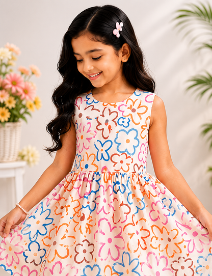 Girls Floral Print Sleeveless Cotton Dress – Soft Summer Casual Party Wear for Kids