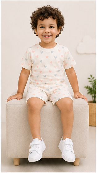 Pastel Heart Print Kids Co-Ord Set – Soft Cotton T-Shirt & Shorts Summer Outfit for Boys & Girls
