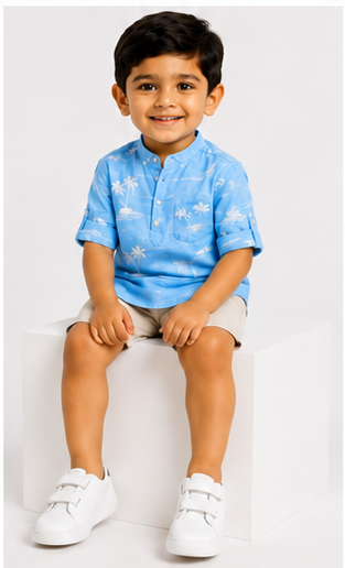 Boys Sky Blue Tropical Print Cotton Short Kurta Shirt – Summer Casual Kidswear