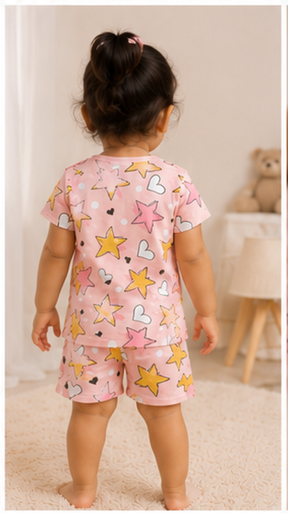 Star & Heart Kids Co-Ord Set – Pink Printed T-Shirt & Shorts for Girls