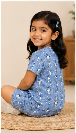 Blue Cartoon Dog Kids Co-Ord Set – Cute Character Print T-Shirt & Shorts for Girls