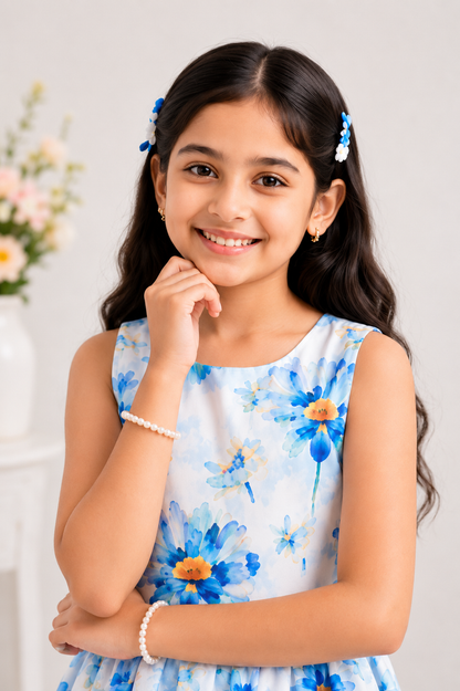 Girls Sky Blue Floral Print Fit & Flare Dress (Sleeveless)