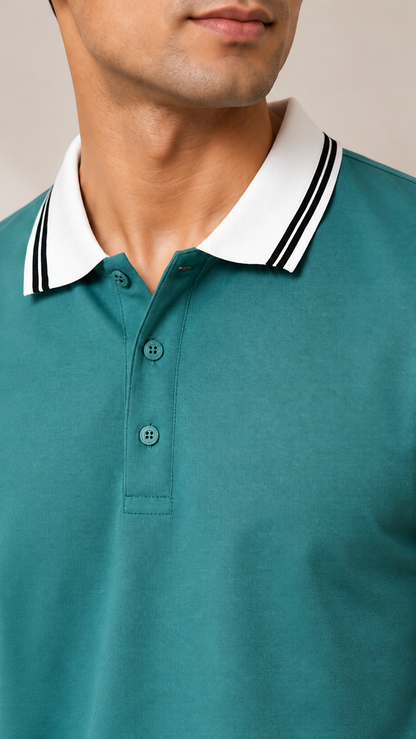 Men’s Premium Aqua Green Polo T-Shirt with White Contrast Collar & Sleeve Stripes