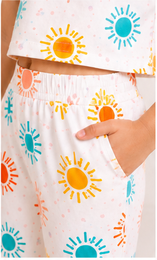 Girls Summer Sun Print Co-Ord Set | Kids Crop Top & Bell Bottom Pants Outfit | Trendy Casual Wear for Girls