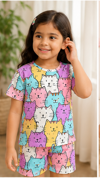 Cute Cat Print Kids Co-Ord Set – Multicolor Cartoon Kitty Cotton T-Shirt & Shorts