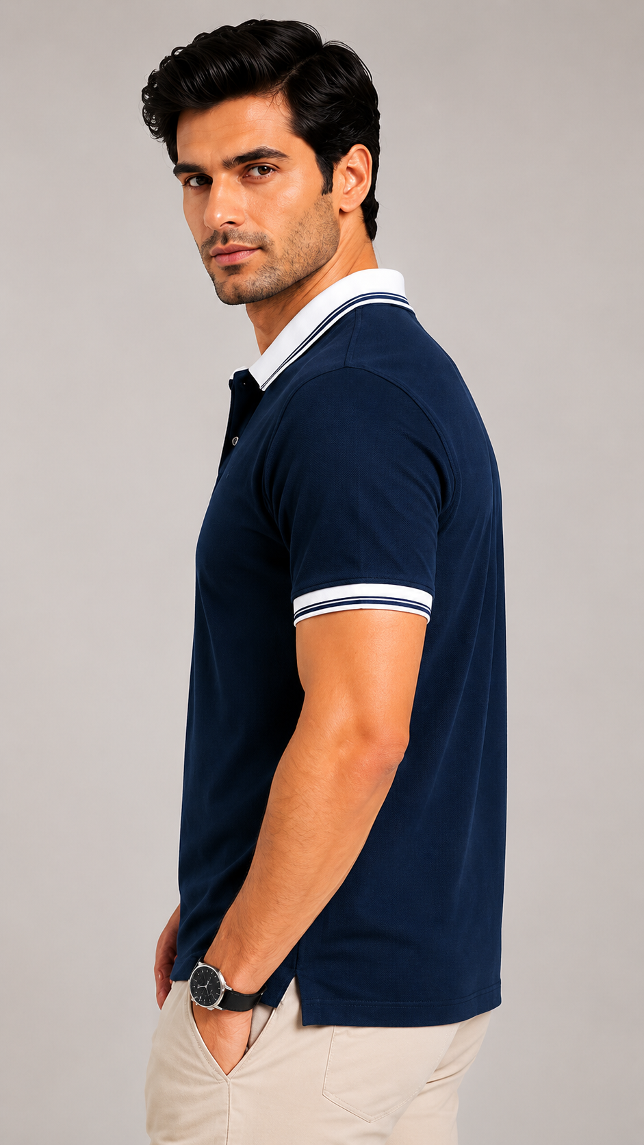 Men’s Premium Navy Blue Polo T-Shirt with White Contrast Collar & Sleeve Stripes