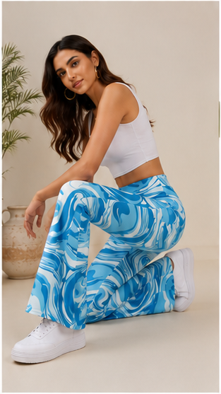 Women Blue Marble Print Flared Pants – Stylish High Waist Casual & Streetwear Trousers