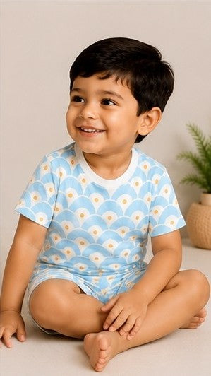 Sky Blue Scallop Print Kids Co-Ord Set | Soft Cotton Summer Outfit for Boys & Girls