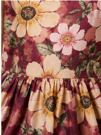 Girls Floral Fit & Flare Dress – Wine Maroon with Vintage Blossom Print