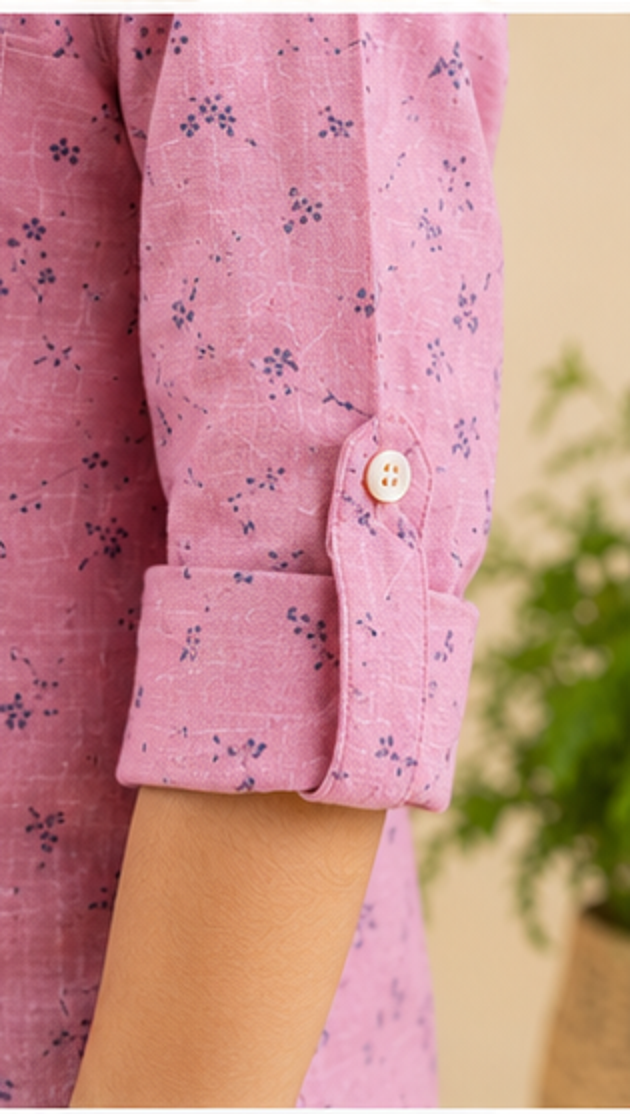 Boys Pink Floral Printed Mandarin Collar Cotton Shirt (Full Sleeve)