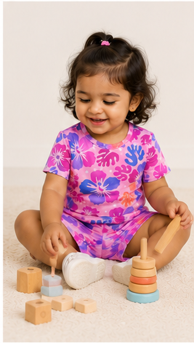 Tropical Floral Kids Co-Ord Set – Pink & Purple Hibiscus Printed T-Shirt & Shorts for Girls