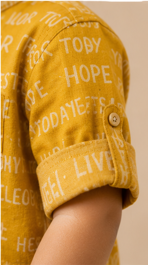 Boys Mustard Yellow Typography Print Mandarin Collar Shirt (Full Sleeve)