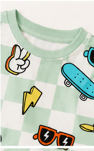 Urban Play Kids Co-Ord Set – Checkered Cartoon Printed T-Shirt & Shorts for Boys & Girls