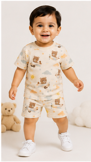 Cute Teddy Airplane Print Kids Co-Ord Set – Soft Cotton T-Shirt & Shorts Summer Outfit for Boys & Girls