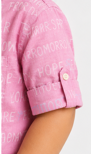 Boys Pink Typography Print Mandarin Collar Shirt (Full Sleeve)