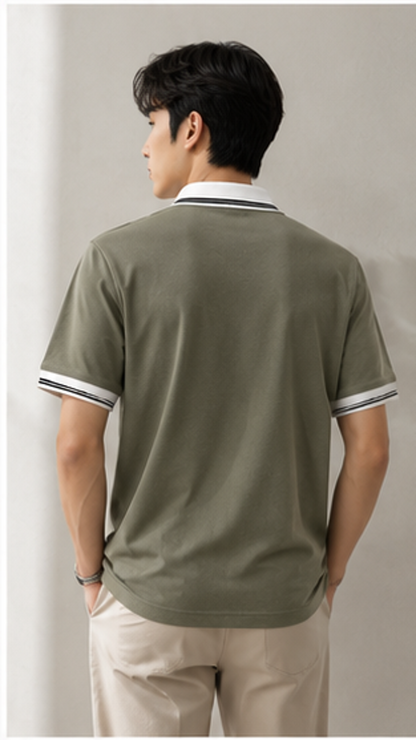 Men's Premium Olive Green Polo T-Shirt with White Contrast Collar | Smart Casual Half Sleeve Polo Tee