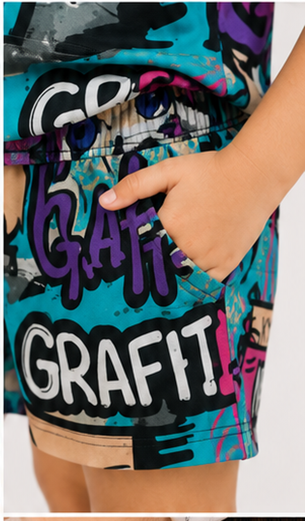 Urban Street Graffiti Print Kids Co-Ord Set – Trendy Graphic T-Shirt & Shorts for Girls