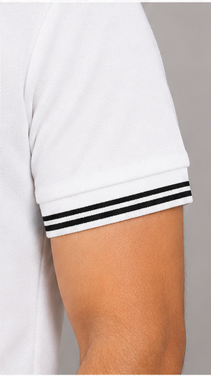 Men’s Premium White Polo T-Shirt with Black Contrast Collar & Sleeve Stripes