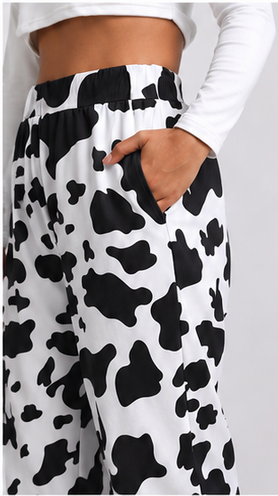 Women Black White Cow Print Pants – Stylish Wide Leg Casual Streetwear Trousers