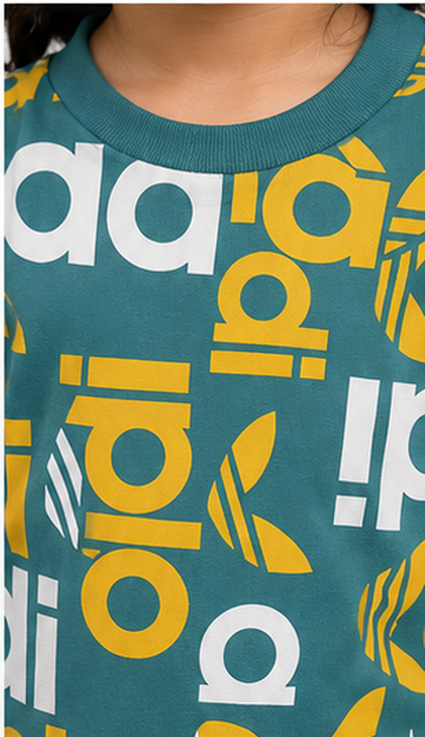 Teal Graphic Typography Kids Co-Ord Set – Bold Logo Style T-Shirt & Shorts for Girls