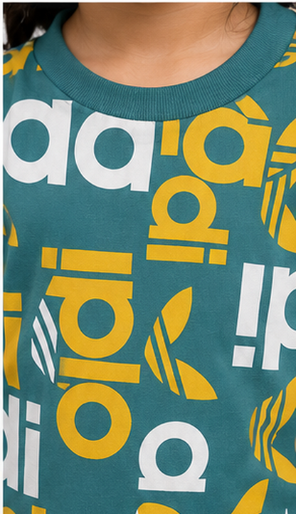 Teal Graphic Typography Kids Co-Ord Set – Bold Logo Style T-Shirt & Shorts for Girls