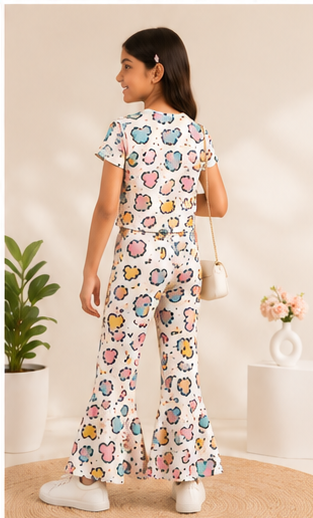 Girls Cartoon Print Co-Ord Set | Kids Crop Top & Bell Bottom Pants Outfit | Trendy Western Wear for Girls