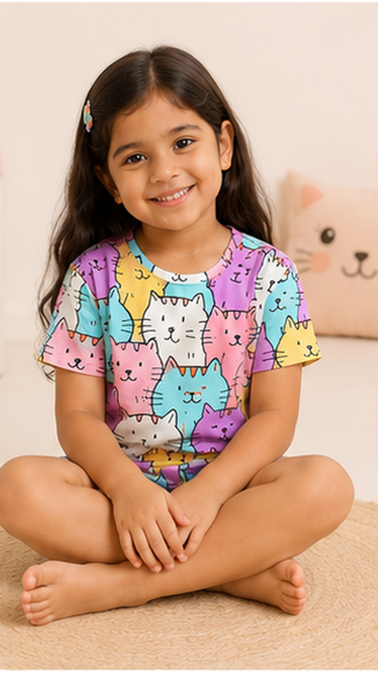 Cute Cat Print Kids Co-Ord Set – Multicolor Cartoon Kitty Cotton T-Shirt & Shorts