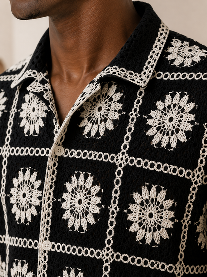 Men's Black Floral Embroidered Shirt – Premium Casual Summer Resort Wear