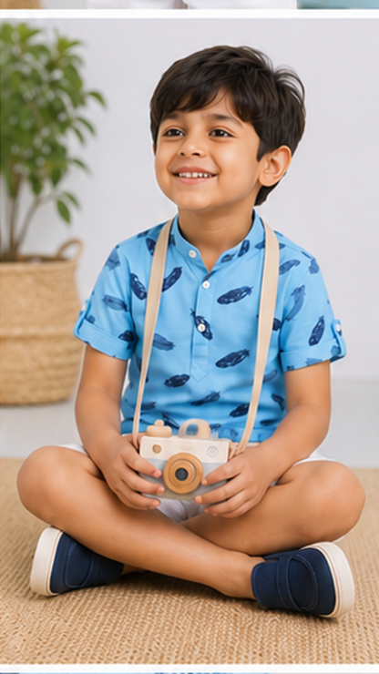 Boys Sky Blue Feather Print Mandarin Collar Shirt (Full Sleeve)