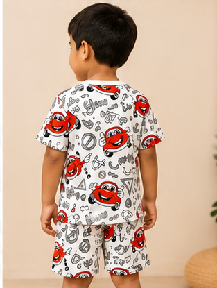 Cartoon Car Print Kids Co-Ord Set – Cotton T-Shirt & Shorts Summer Outfit for Boys