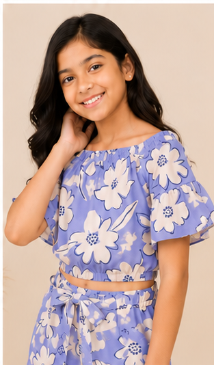 Girls Lavender Floral Off-Shoulder Co-ord Set with Tie-Up Shorts