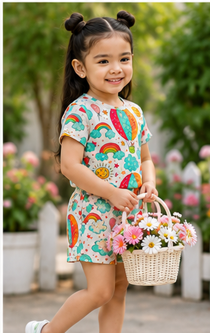 Rainbow Sky Balloon Print Kids Co-Ord Set – Cute Cloud & Sun Graphic T-Shirt & Shorts for Girls