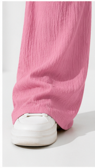 Pink Wide Leg Palazzo Pants for Women | Elastic Waist Crinkle Lounge Trousers