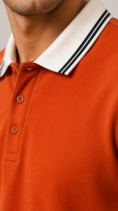 Men’s Premium Rust Orange Polo T-Shirt with White Contrast Collar & Sleeve Stripes