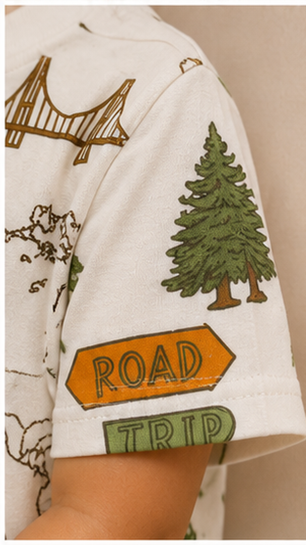 Adventure Travel Print Kids Co-Ord Set – Road Trip Cotton T-Shirt & Shorts for Girls