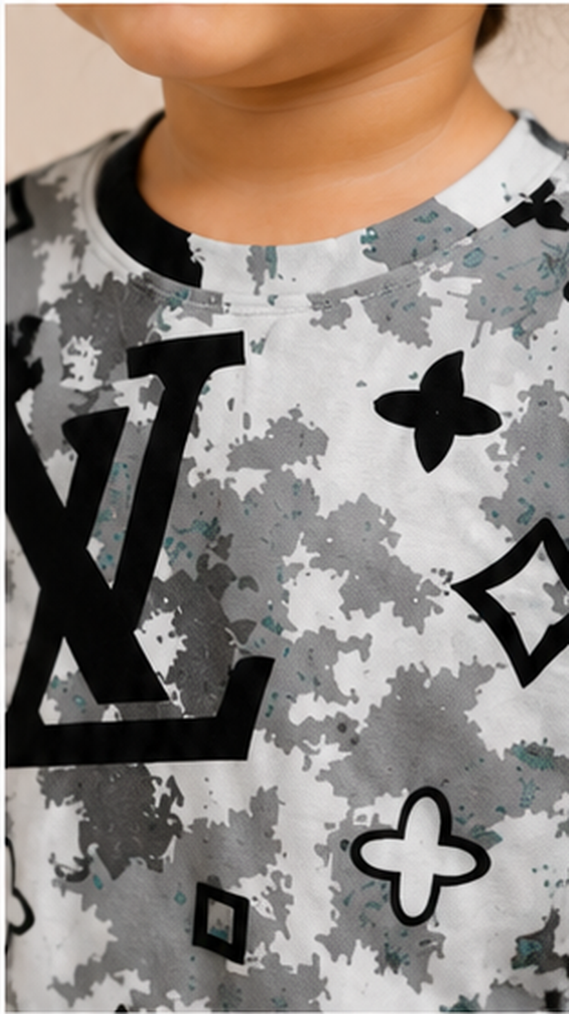 Grey Monogram Style Kids Co-Ord Set – Abstract Luxury Print T-Shirt & Shorts for Kids