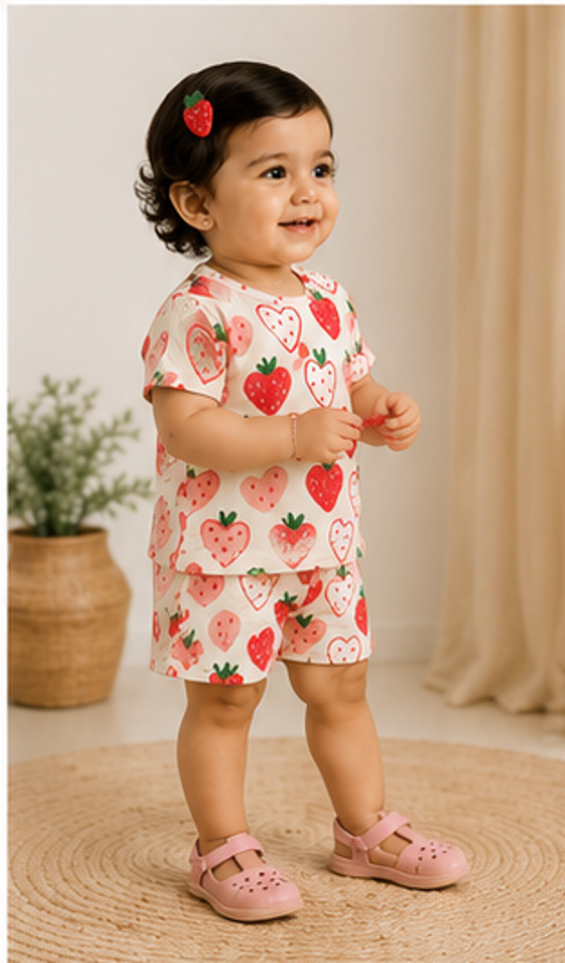 Strawberry Heart Print Kids Co-Ord Set – Cute Cotton T-Shirt & Shorts for Girls