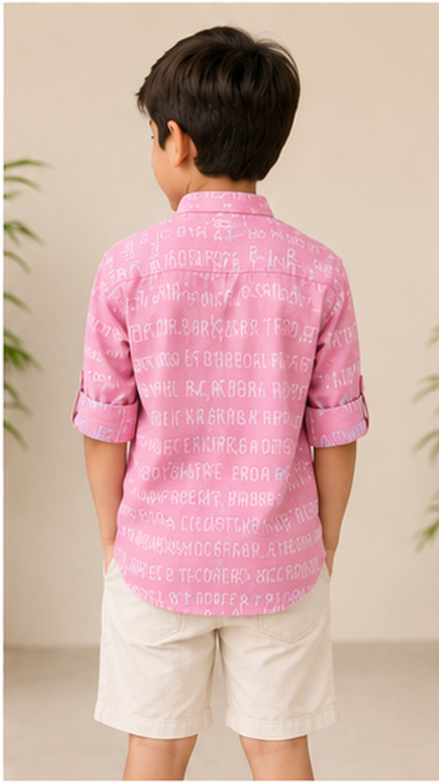 Boys Pink Typography Print Mandarin Collar Shirt (Full Sleeve)