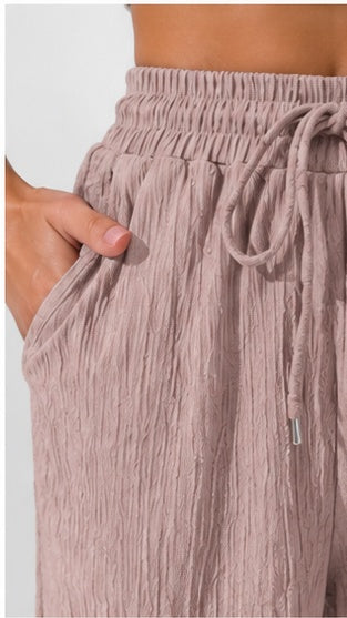 Dusty Rose Wide Leg Palazzo Pants for Women | Elastic Waist Crinkle Lounge Trousers