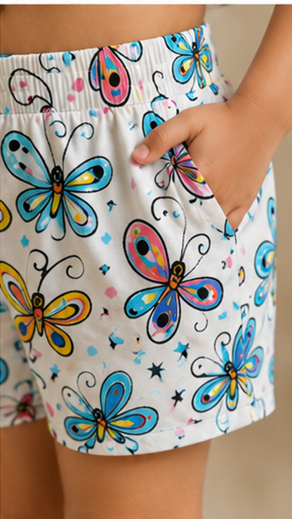 Butterfly Print Kids Co-Ord Set – Stylish Cotton Shirt & Shorts Set for Girls
