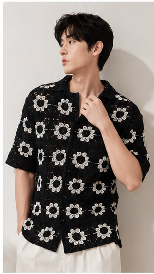 Men's Black Crochet Daisy Knit Shirt – Premium Handmade Floral Open Knit Resort Shirt