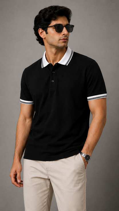 Men’s Premium Black Polo T-Shirt with White Contrast Collar & Sleeve Stripes