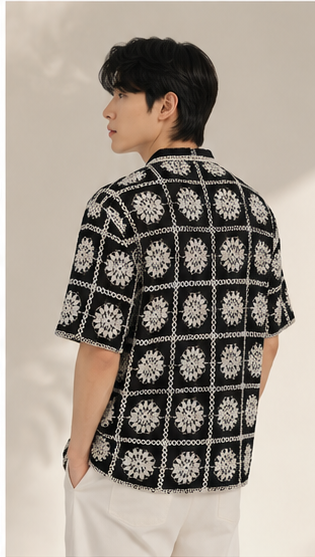 Men's Black & White Crochet Floral Grid Shirt – Premium Handmade Knit Resort Wear Shirt