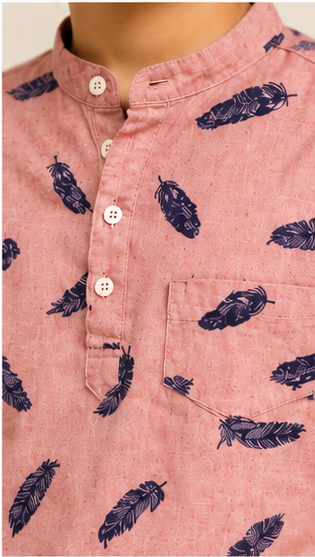 Boys Peach Feather Print Mandarin Collar Shirt (Full Sleeve)
