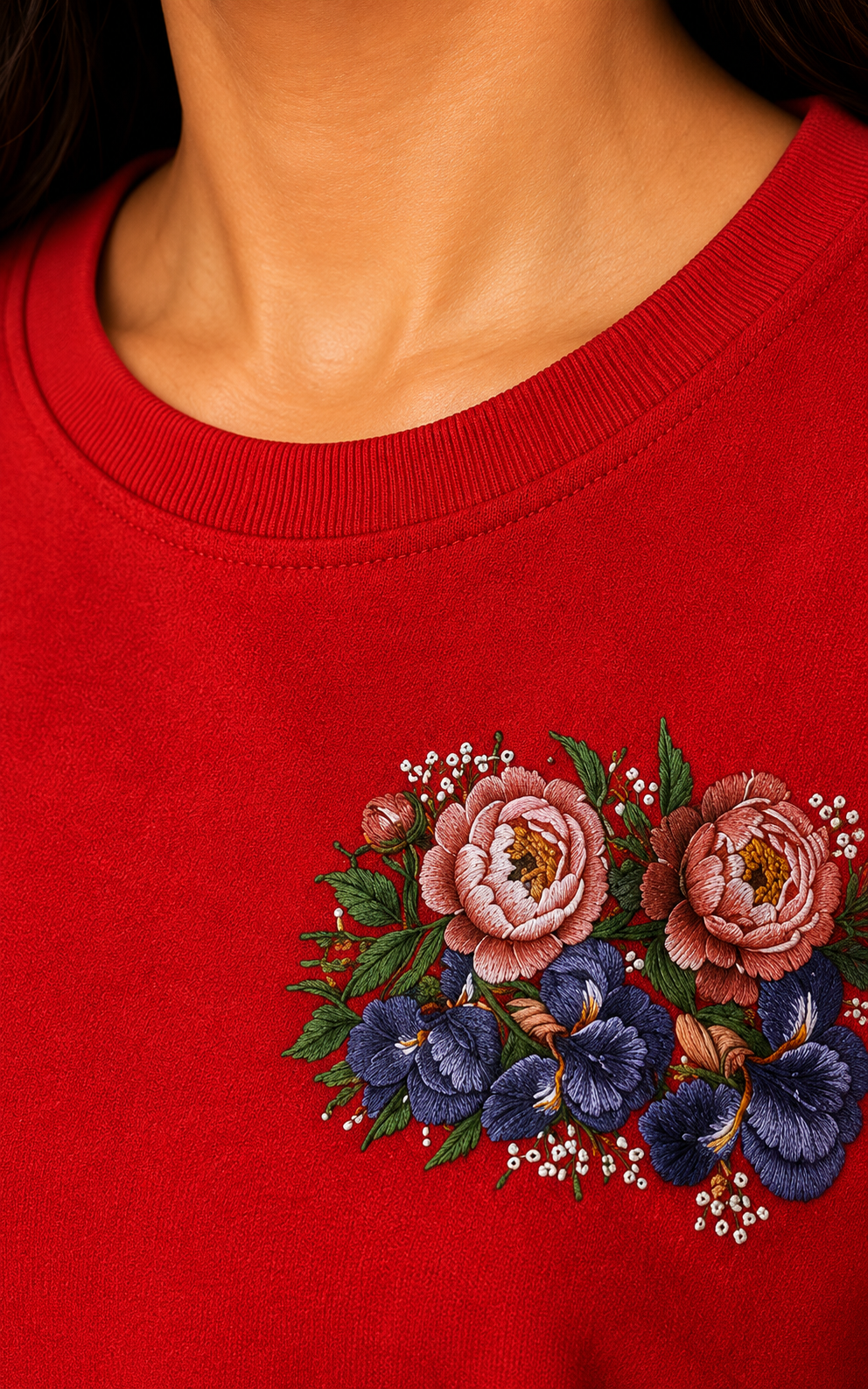 Women’s Red Floral Embroidered Co-Ord Set – Casual T-Shirt & Shorts Lounge Wear